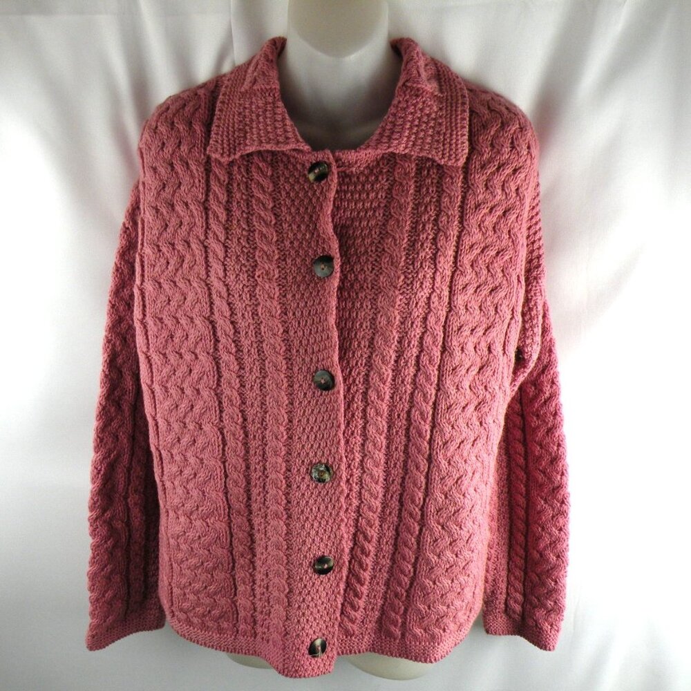 John Molloy Hand knit Wool Fisherman Cardigan Sweater Donegal Ireland PINK L